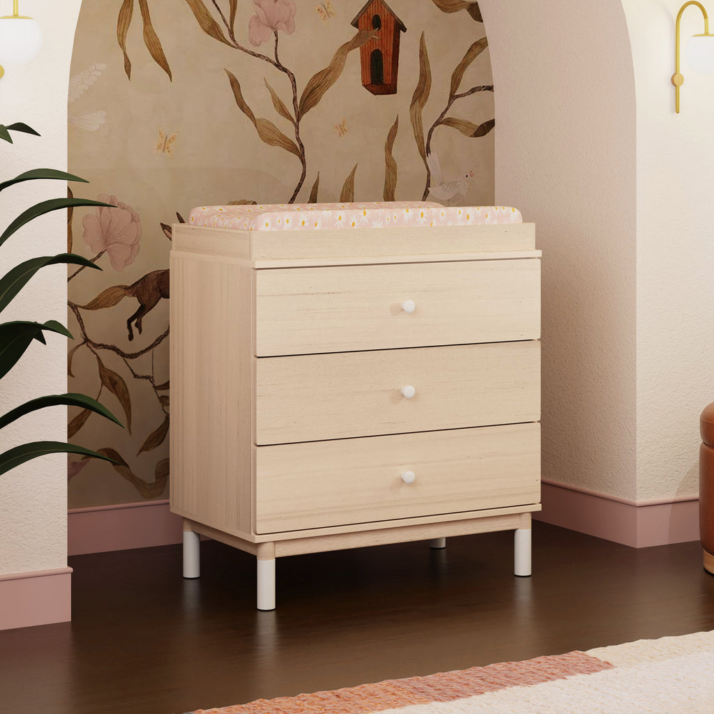 M12923NXW,Babyletto,Gelato 3-Drawer Changer Dresser  White Feet w/Removable Changing Tray in Washed Natural