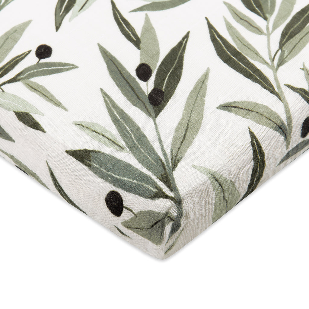 T28233,Babyletto,Olive Branches Muslin All-Stages Midi Crib Sheet in GOTS Certified Organic Cotton