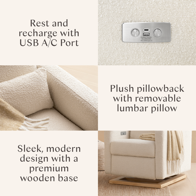M23085WBLB,Babyletto,Sigi Glider Recliner w/ Electronic Control and USB in Ivory Boucle w/Light Wood Base