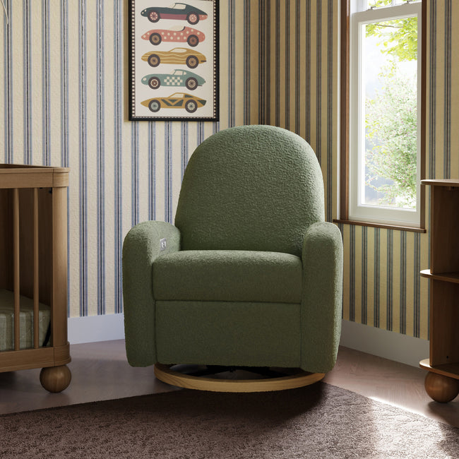 M23188OBLB,Babyletto,Nami Glider Recliner w/ Electronic Control and USB in Olive Boucle w/Light Wood Base