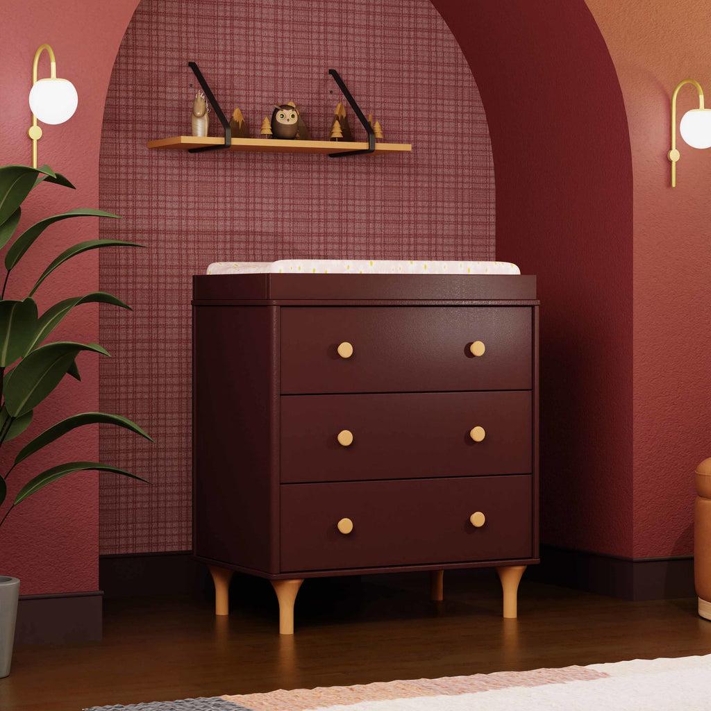 M9023CRN,Babyletto,Lolly 3-Drawer Changer Dresser w/Removable Changing Tray in Crimson/Natural