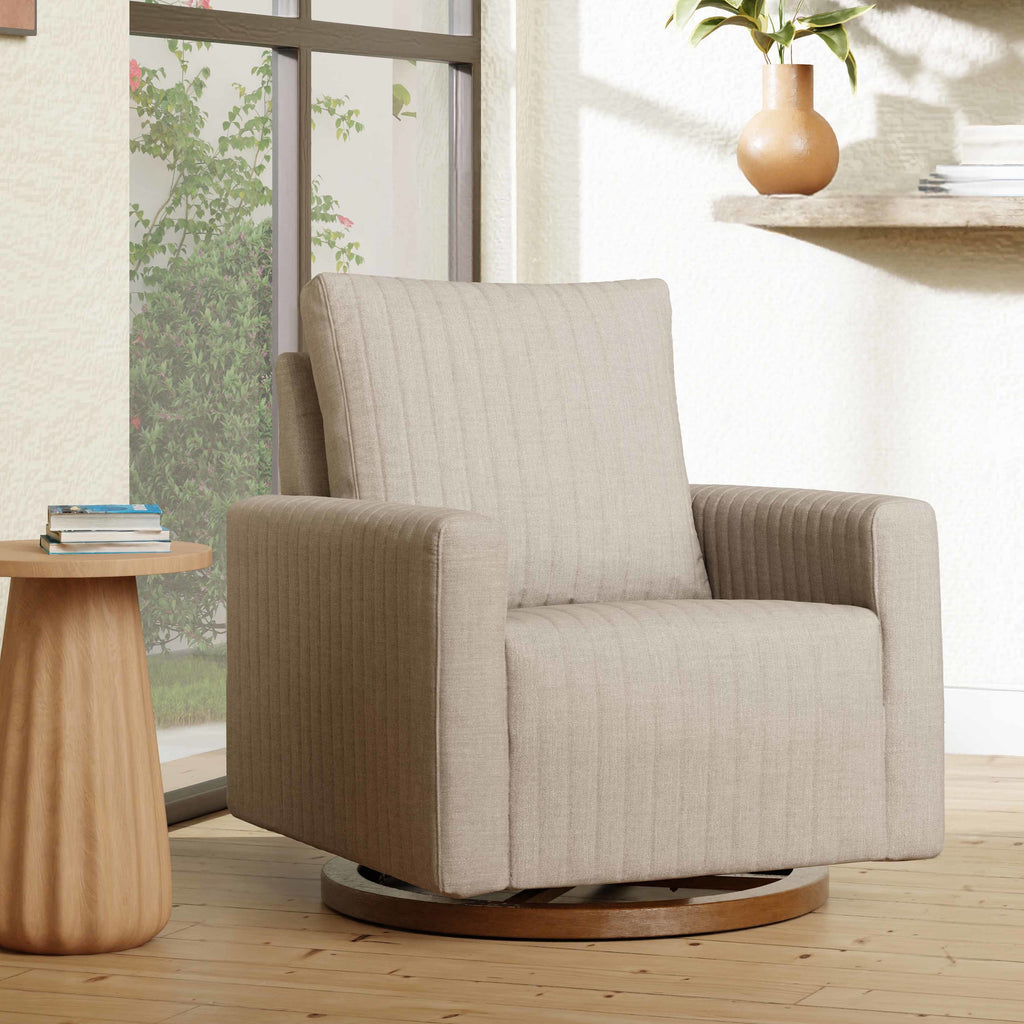 M26687PBEWDB,Babyletto,Poe Channeled Swivel Glider in Performance Beach Eco-Weave w/ Dark Wood Base