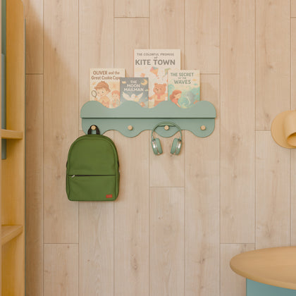 M31125LSHY,Babyletto Kids,Lido Wave Book Shelf with Hooks in Light Sage and Honey