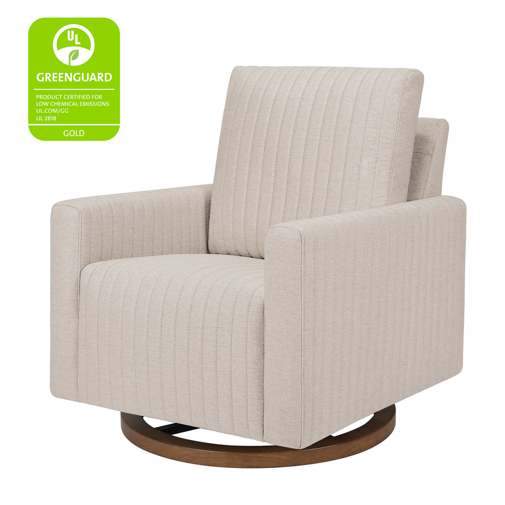 M26687PBEWDB,Babyletto,Poe Channeled Swivel Glider in Performance Beach Eco-Weave w/ Dark Wood Base