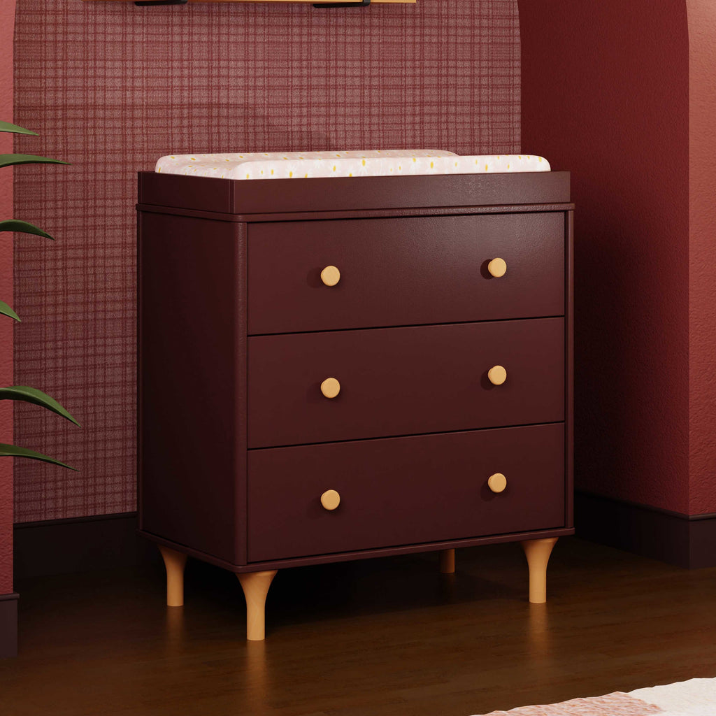 M9023CRN,Babyletto,Lolly 3-Drawer Changer Dresser w/Removable Changing Tray in Crimson/Natural