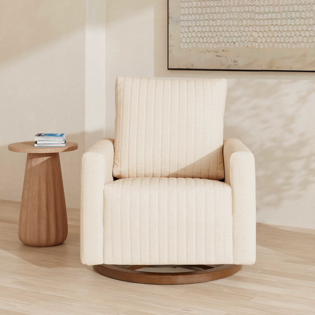 M26687PCMEWDB,Babyletto,Poe Channeled Swivel Glider in Performance Cream Eco-Weave w/ Dark Wood Base