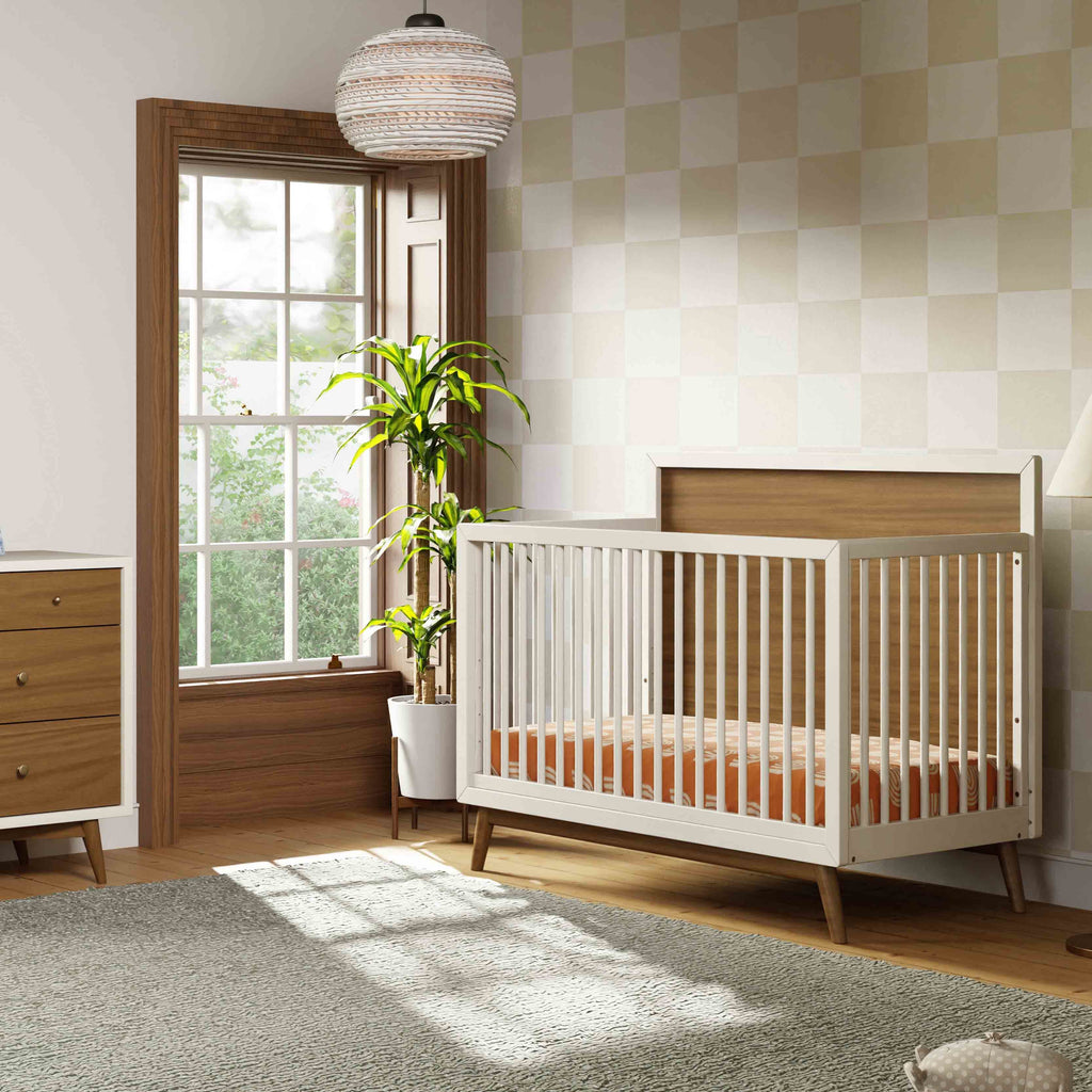 M15901RWNL,Babyletto,Palma Mid-Century 4-in-1 Convertible Crib w/ToddlerBedConversion in WarmWhite/Natural Walnut