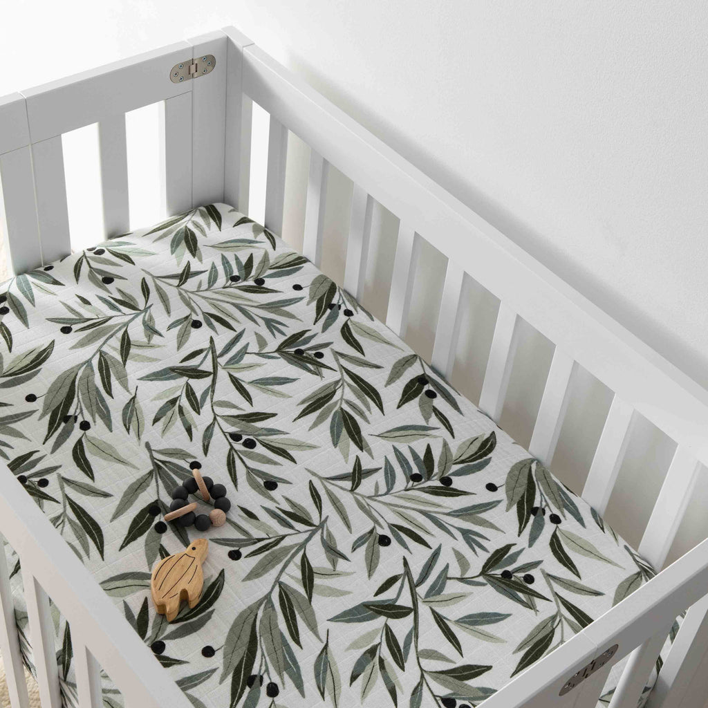 T28236,Babyletto,Olive Branches Muslin Mini Crib Sheet in GOTS Certified Organic Cotton