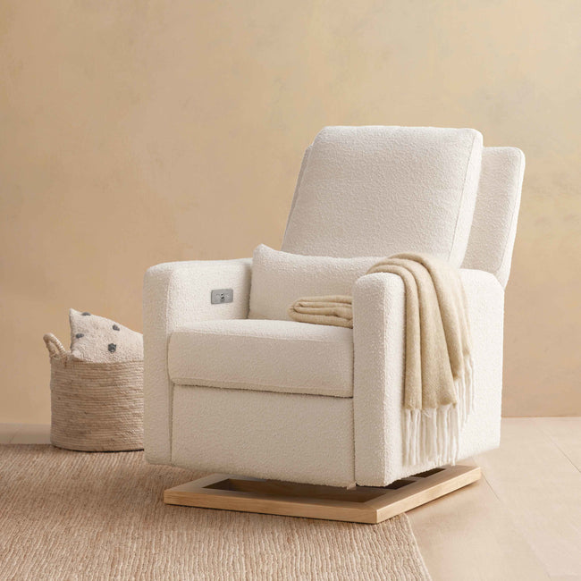 M23085WBLB,Babyletto,Sigi Glider Recliner w/ Electronic Control and USB in Ivory Boucle w/Light Wood Base