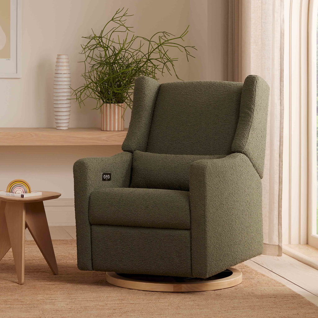 M11288OBLB,Babyletto,Kiwi Glider Recliner w/ Electronic Control and USB in Olive Boucle w/Light Wood Base