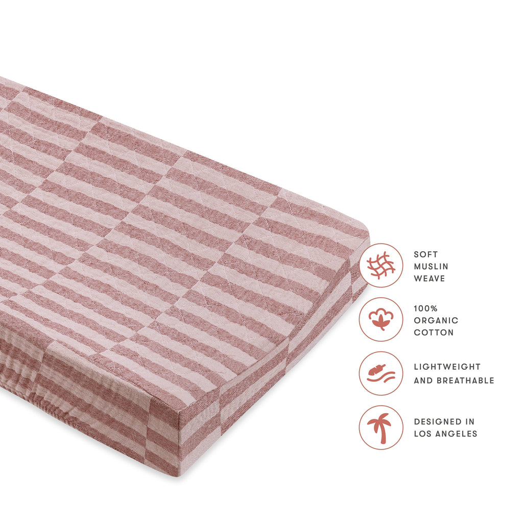 T30437,Babyletto,Maroon Stripe Quilted Muslin Changing Pad Cover in GOTS Certified Organic Cotton