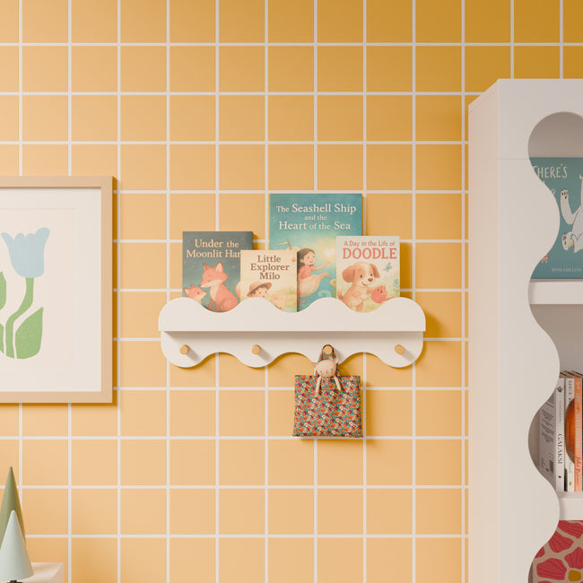 M31125WHY,Babyletto Kids,Lido Wave Book Shelf with Hooks in White and Honey