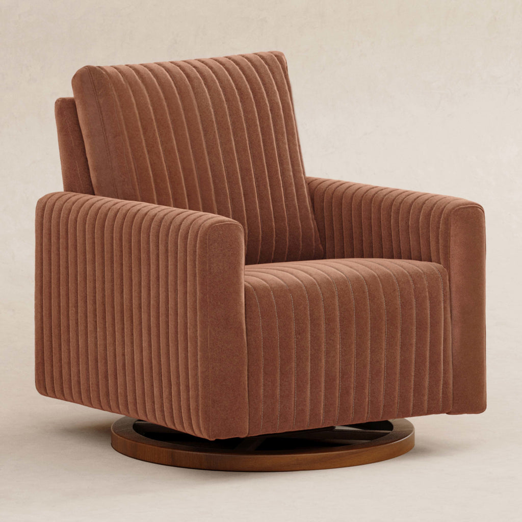 M26687RTVDB,Babyletto,Poe Channeled Swivel Glider in Rust Velvet with Dark Wood Base