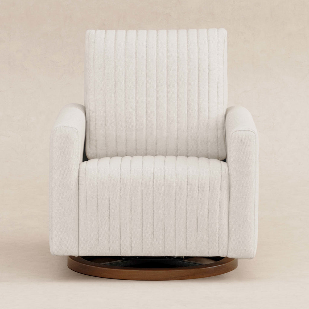 M26687PCMEWDB,Babyletto,Poe Channeled Swivel Glider in Performance Cream Eco-Weave w/ Dark Wood Base