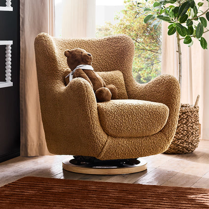 M24187CTSLB,Nursery Works,Solstice Swivel Glider in Cortado Shearling w/ Light Wood Base