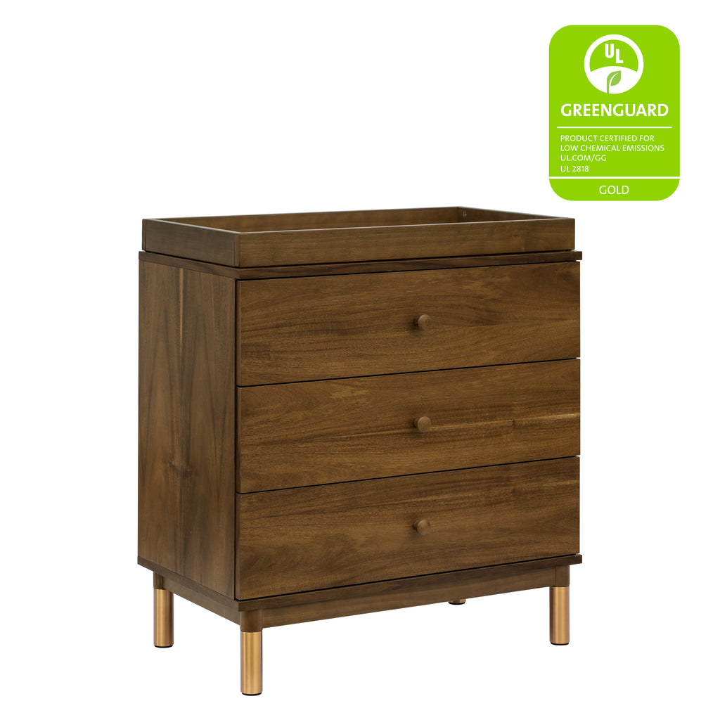 M12923NLGLD,Babyletto,Gelato 3-Drawer Changer Dresser  Gold Feet w/Removable Changing Tray in Natural Walnut