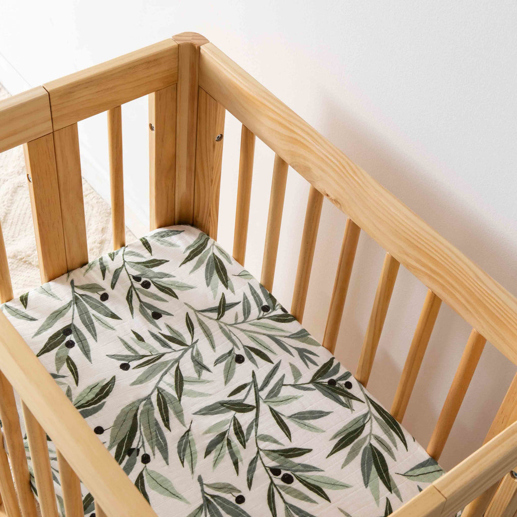 T28234,Babyletto,Olive Branches Muslin All-Stages Bassinet Sheet in GOTS Certified Organic Cotton