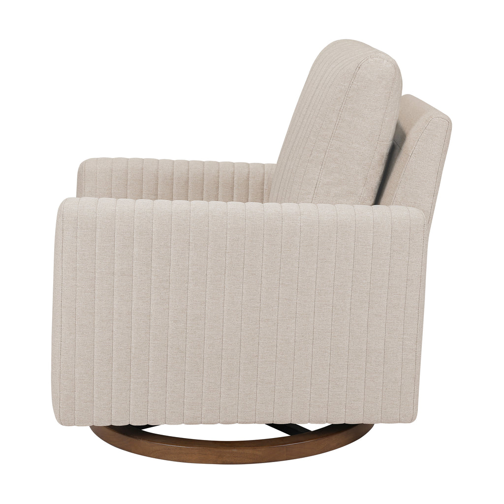 M26687PBEWDB,Babyletto,Poe Channeled Swivel Glider in Performance Beach Eco-Weave w/ Dark Wood Base