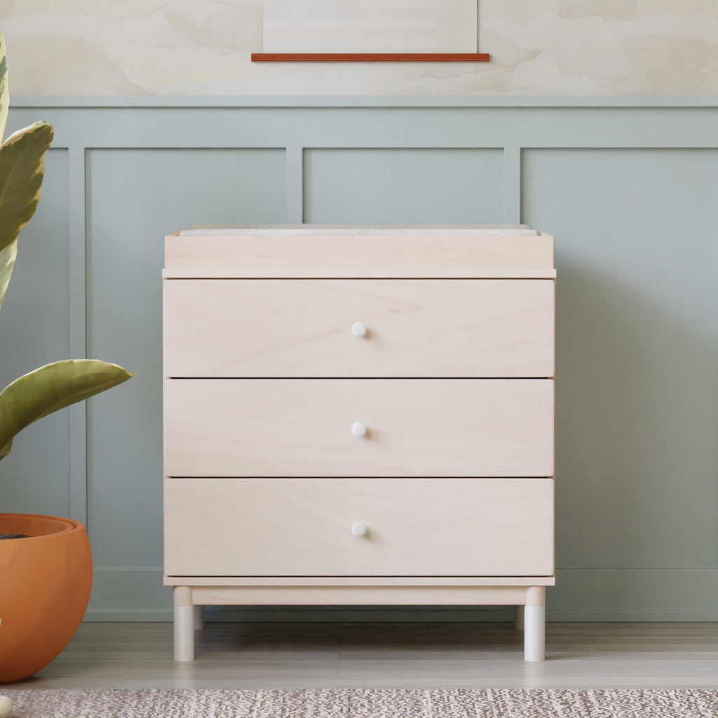 M12923NXW,Babyletto,Gelato 3-Drawer Changer Dresser  White Feet w/Removable Changing Tray in Washed Natural