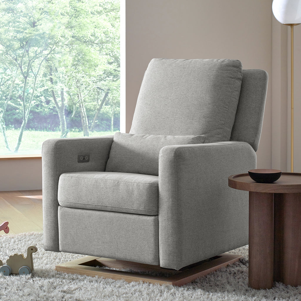 M23085PGEWLB,Babyletto,Sigi Glider Recliner w/ Electronic Control and USB in Performance Grey Eco-Weave w/Light Wood Base