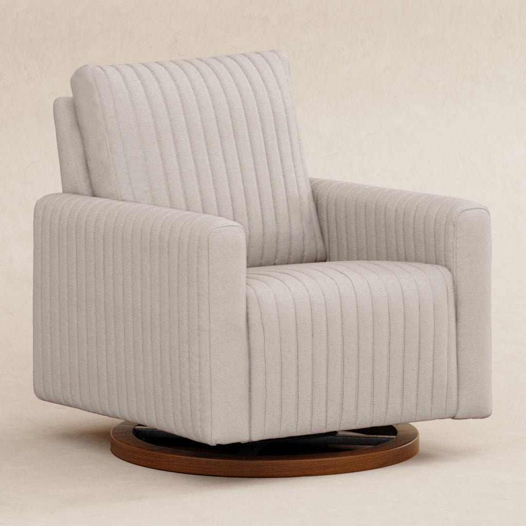 M26687PBEWDB,Babyletto,Poe Channeled Swivel Glider in Performance Beach Eco-Weave w/ Dark Wood Base