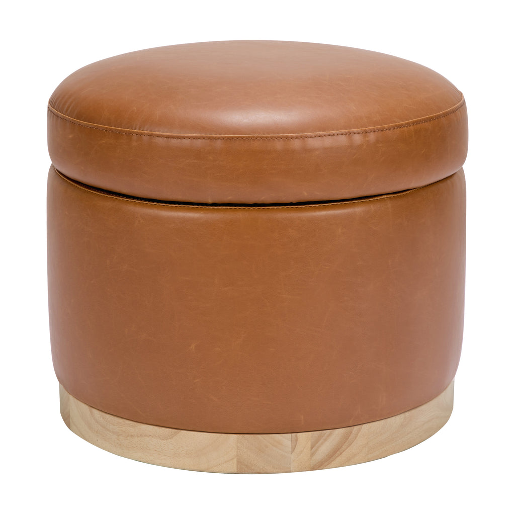 M22885TANLB,Babyletto,Naka Storage Ottoman in Vegan Tan Leather w/ Light Wood Base