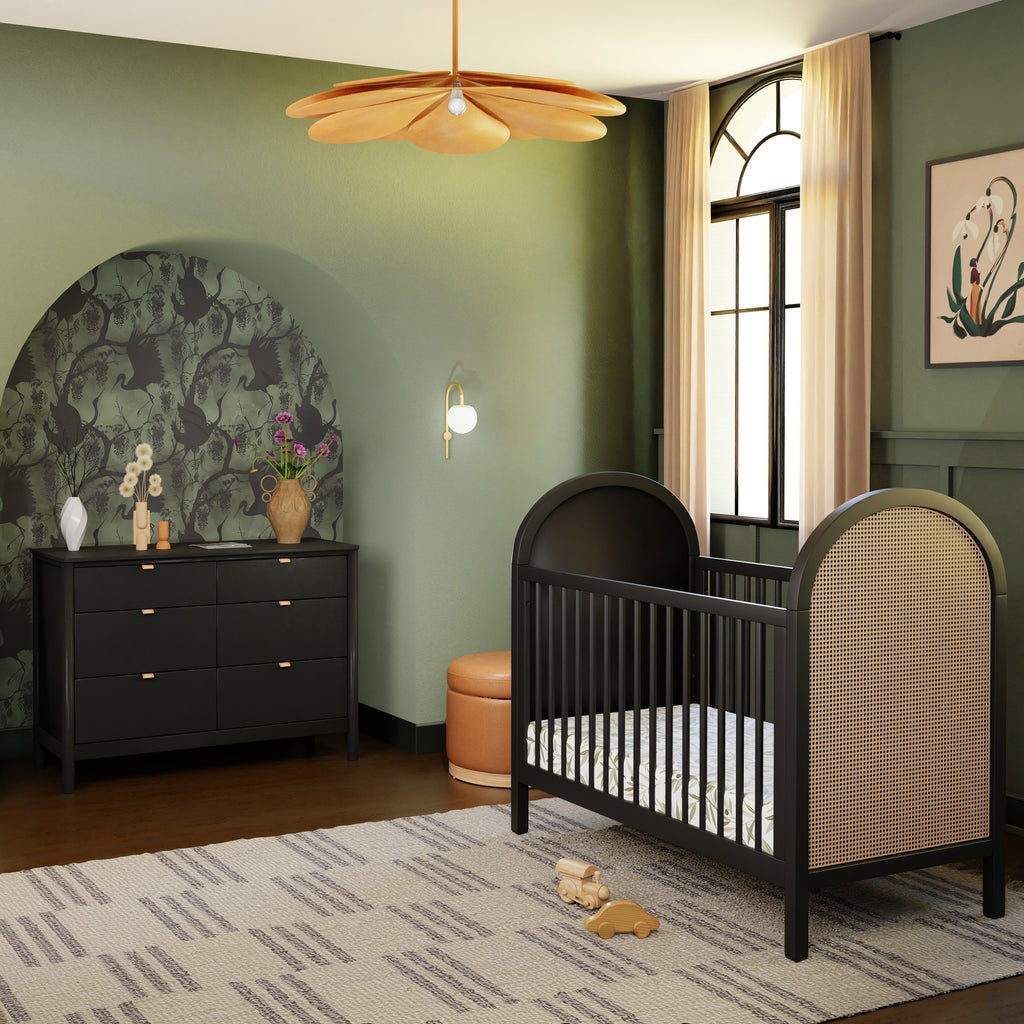 M25601BNC,Bondi Cane 3-in-1 Convertible Crib w/ Toddler Bed Kit in Black with Natural Cane