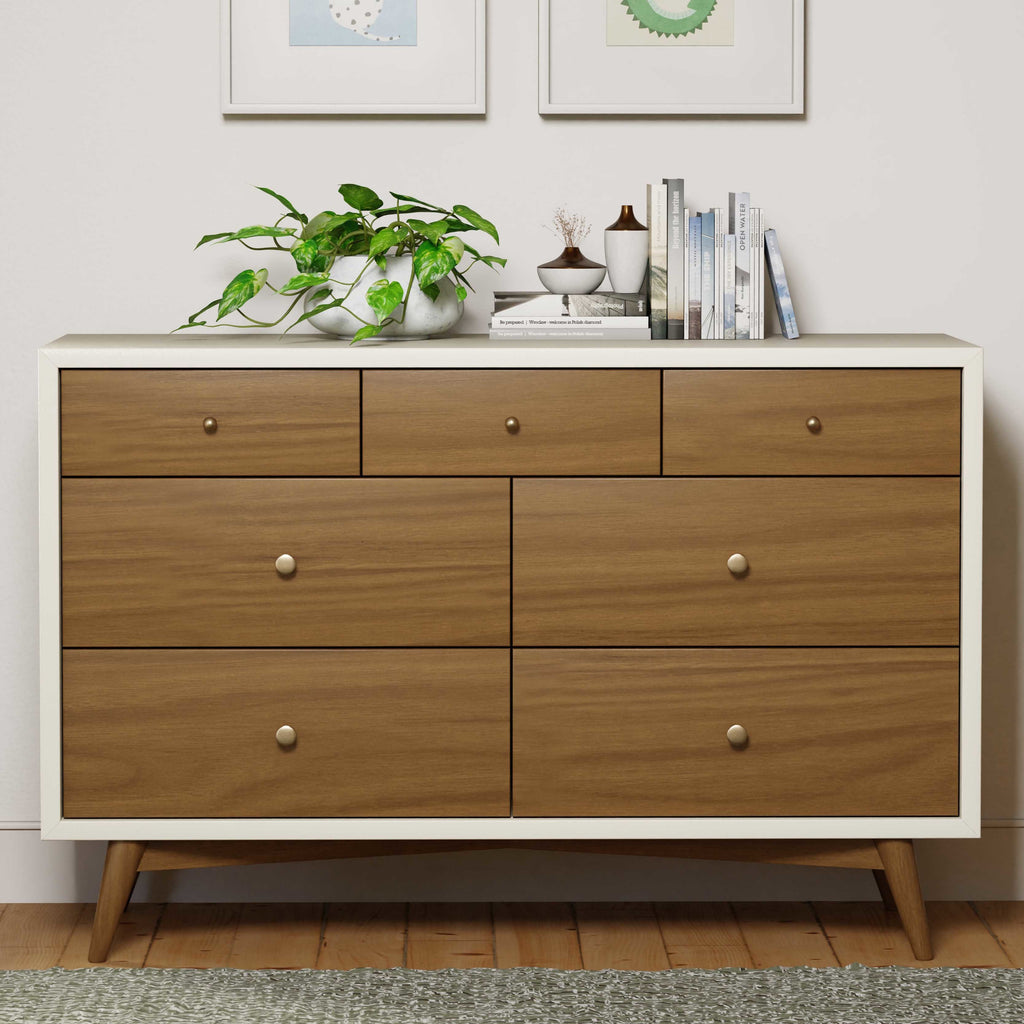 M15916RWNL,Babyletto,Palma 7-Drawer Double Dresser  Assembled in Warm White w/Natural Walnut