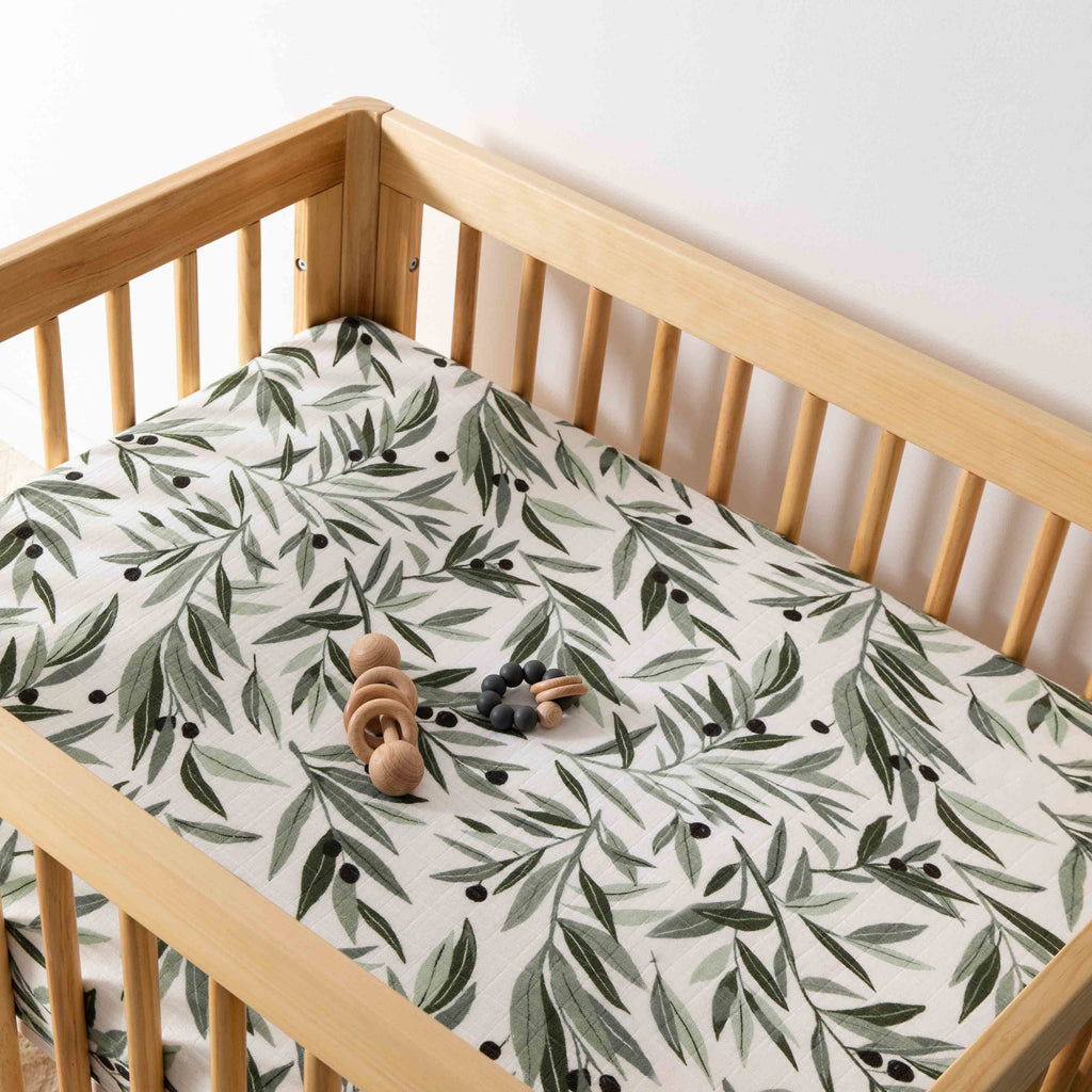 T28233,Babyletto,Olive Branches Muslin All-Stages Midi Crib Sheet in GOTS Certified Organic Cotton