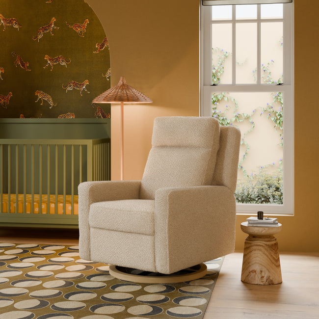 M23082ATLB,Babyletto,Sigi Pro Power Glider Recliner w/ Power Lumbar in Almond Teddy Loop w/Light Wood Base