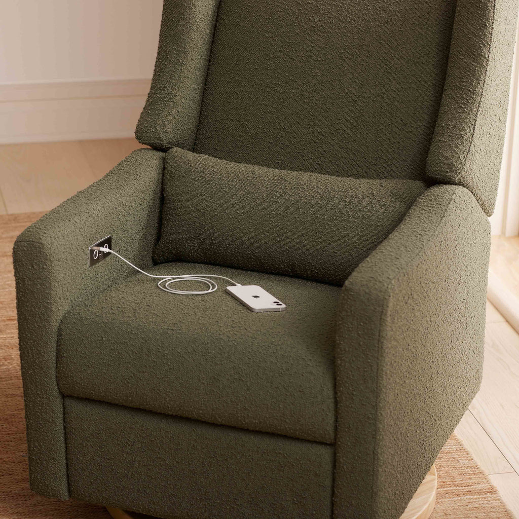 M11288OBLB,Babyletto,Kiwi Glider Recliner w/ Electronic Control and USB in Olive Boucle w/Light Wood Base