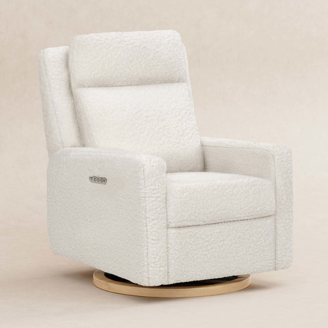 M23082CMSGLB,Babyletto,Sigi Pro Power Glider Recliner w/ Power Lumbar in Cream Shearling w/Light Wood Base
