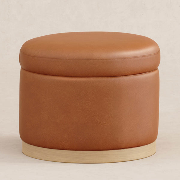 M22885TANLB,Babyletto,Naka Storage Ottoman in Vegan Tan Leather w/ Light Wood Base