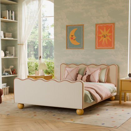 M31396PWBTAN,Babyletto Kids,Rizo Full Bed in Performance Ivory Boucle w/ VTan Leather Piping