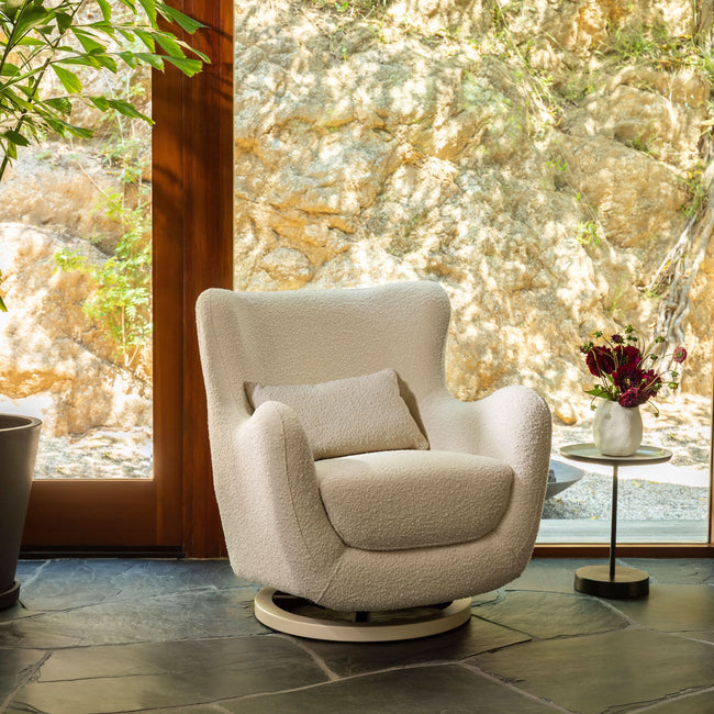 M24187WBIB,Nursery Works,Solstice Swivel Glider in Ivory Boucle w/Ivory Wood Base