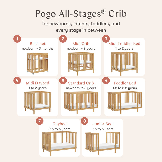 M29880HY,Babyletto,Pogo 8-in-1 Convertible Crib w/All-Stages Conversion Kits in Honey