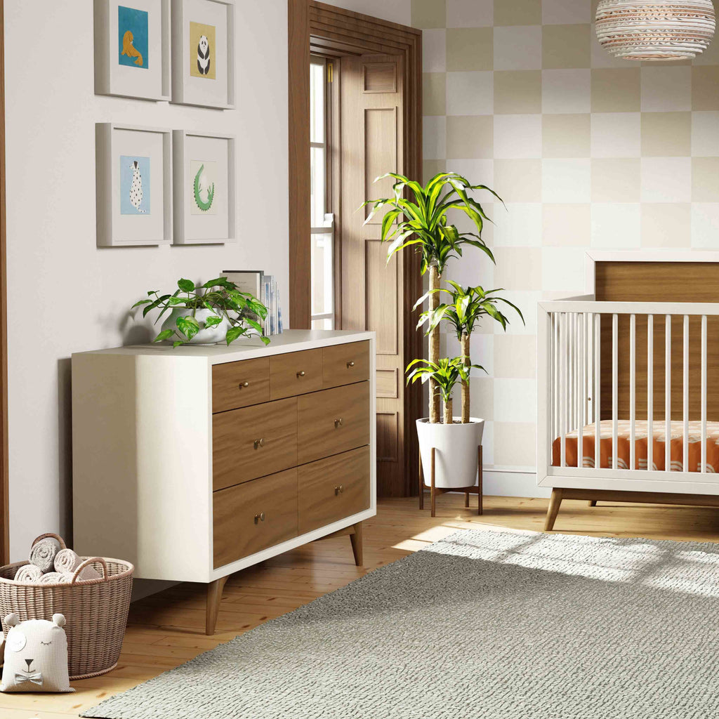 M15916RWNL,Babyletto,Palma 7-Drawer Double Dresser  Assembled in Warm White w/Natural Walnut