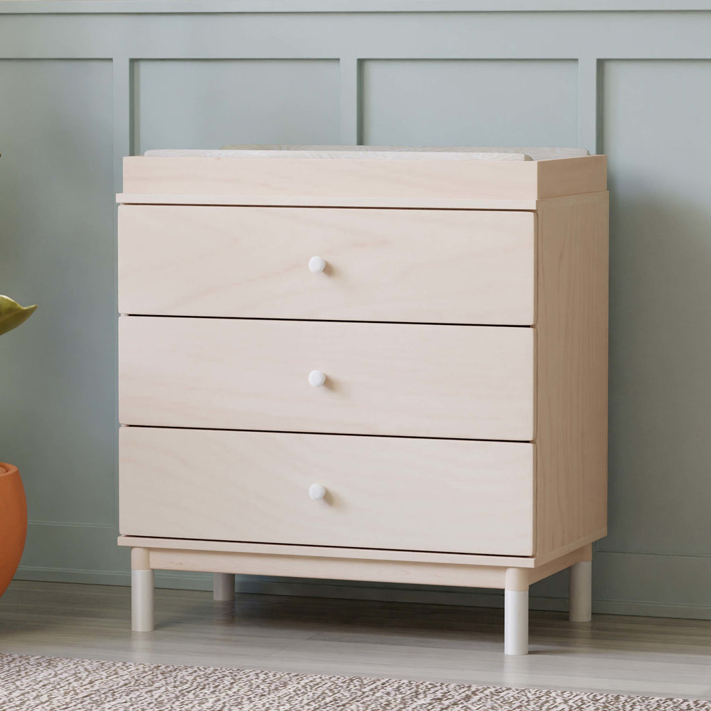 M12923NXW,Babyletto,Gelato 3-Drawer Changer Dresser  White Feet w/Removable Changing Tray in Washed Natural