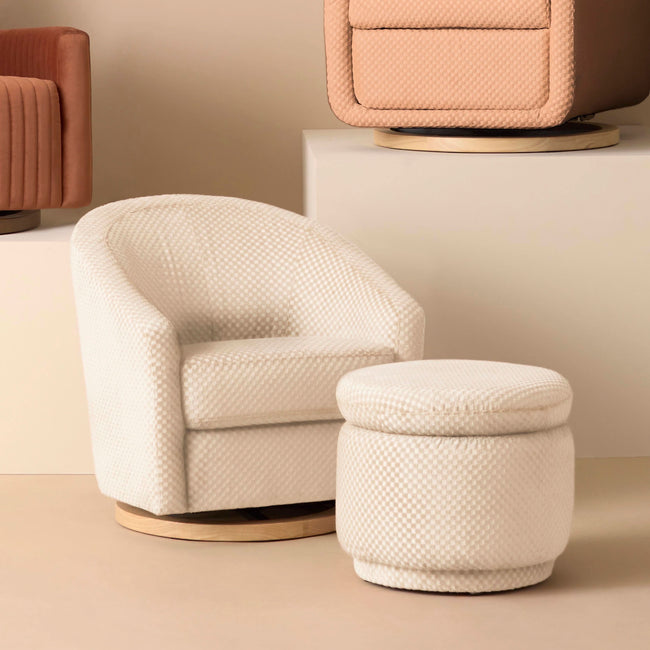 M5887IVCL,Babyletto,Madison Swivel Glider in Ivory Velvet Checker w/ Light Wood Base