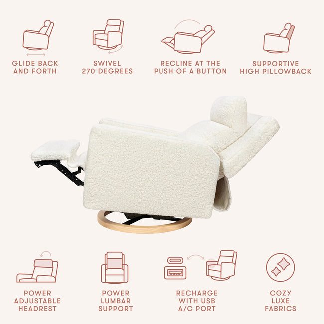 M23082CMSGLB,Babyletto,Sigi Pro Power Glider Recliner w/ Power Lumbar in Cream Shearling w/Light Wood Base