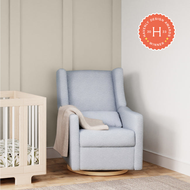 M11288PCETLB,Babyletto,Kiwi Glider Recliner w/ Electronic Control and USB in Performance Blue Chambray Eco-Twill/Light Wood