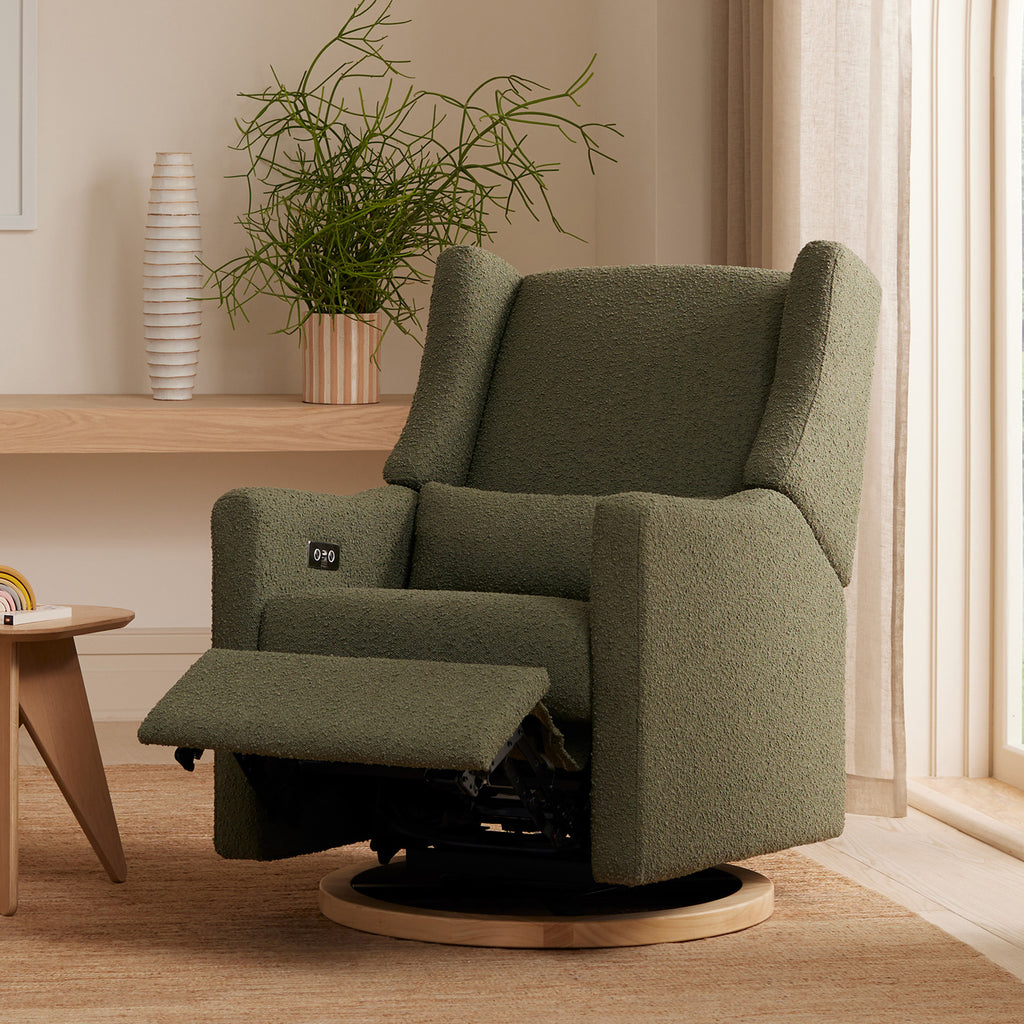 M11288OBLB,Kiwi Glider Recliner w/ Electronic Control and USB in Olive Boucle w/Light Wood Base