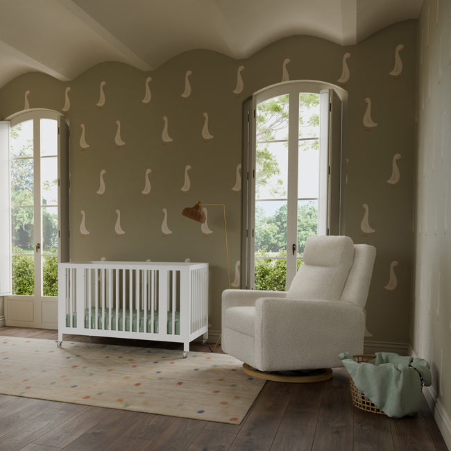 M23082CMSGLB,Babyletto,Sigi Pro Power Glider Recliner w/ Power Lumbar in Cream Shearling w/Light Wood Base