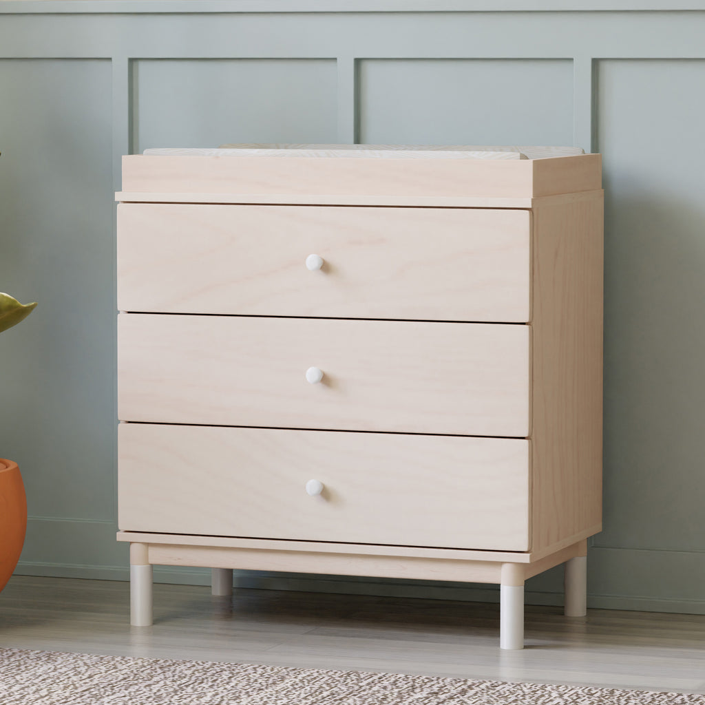 M12923NXW,Gelato 3-Drawer Changer Dresser  White Feet w/Removable Changing Tray in Washed Natural