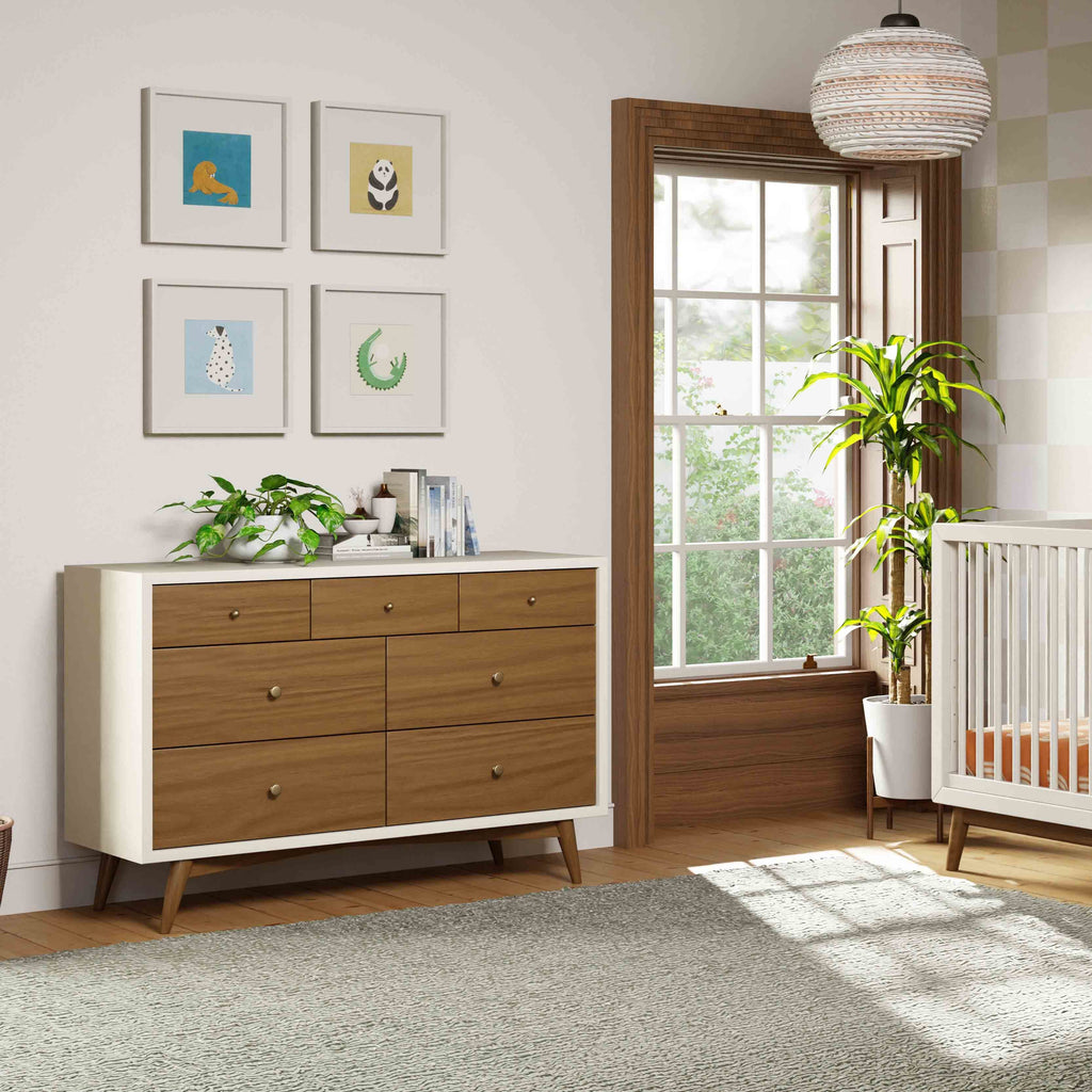 M15916RWNL,Babyletto,Palma 7-Drawer Double Dresser  Assembled in Warm White w/Natural Walnut