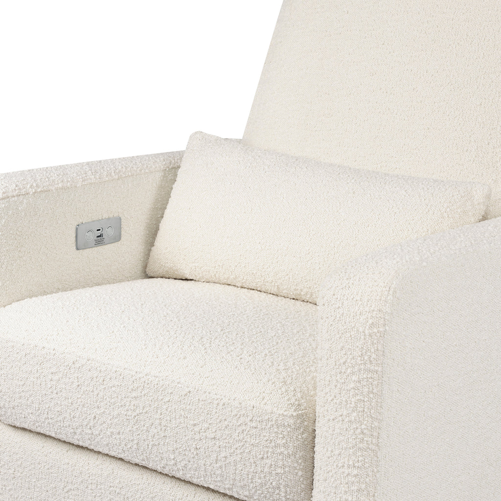 M23085WBLB,Sigi Glider Recliner w/ Electronic Control and USB in Ivory Boucle w/ Light Wood Base