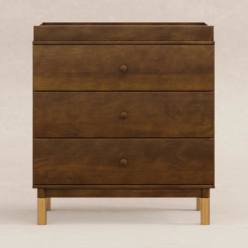 M12923NLGLD,Babyletto,Gelato 3-Drawer Changer Dresser  Gold Feet w/Removable Changing Tray in Natural Walnut