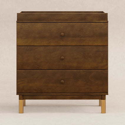 M12923NLGLD,Babyletto,Gelato 3-Drawer Changer Dresser  Gold Feet w/Removable Changing Tray in Natural Walnut