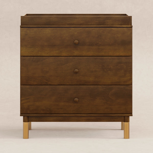 M12923NLGLD,Babyletto,Gelato 3-Drawer Changer Dresser  Gold Feet w/Removable Changing Tray in Natural Walnut