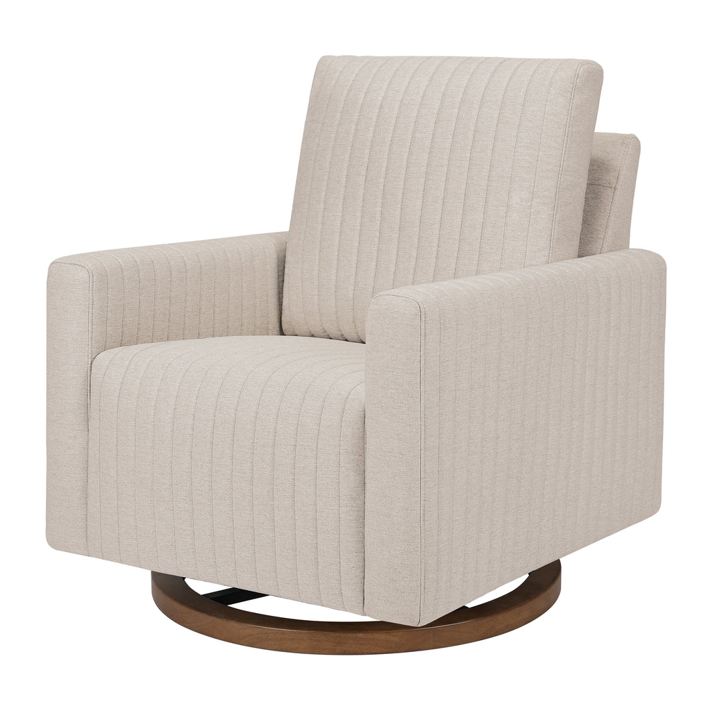M26687PBEWDB,Babyletto,Poe Channeled Swivel Glider in Performance Beach Eco-Weave w/ Dark Wood Base